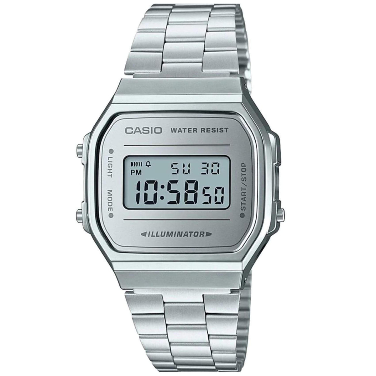 Ρολόι χρονογράφος Casio Vintage A-168WEM-7EF με ασημί ατσάλινο μπρασελέ, ασημί καντράν σε τετράγωνο σχημα με ψηφιακή ένδειξη και στεγανότητα 3ATM-30Μ.