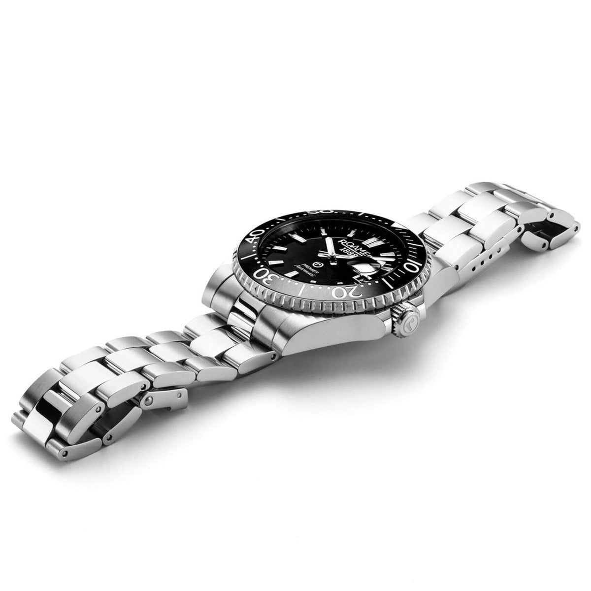 Αυτόματο ρολόι καταδυτικό Roamer Premier 986983-41-85-20 με ασημί μπρασελέ, μαύρο καντράν με ένδειξη ημερομηνίας και κάσα διαμέτρου 42mm.