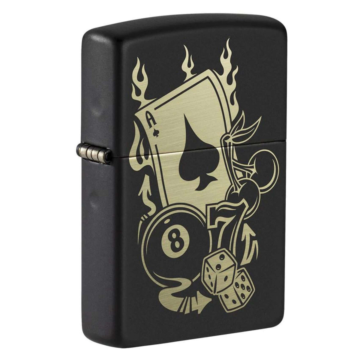 Αναπτήρας Zippo Gambling Design 49257 σε πλάγια όψη με φινίρισμα Black Matte.