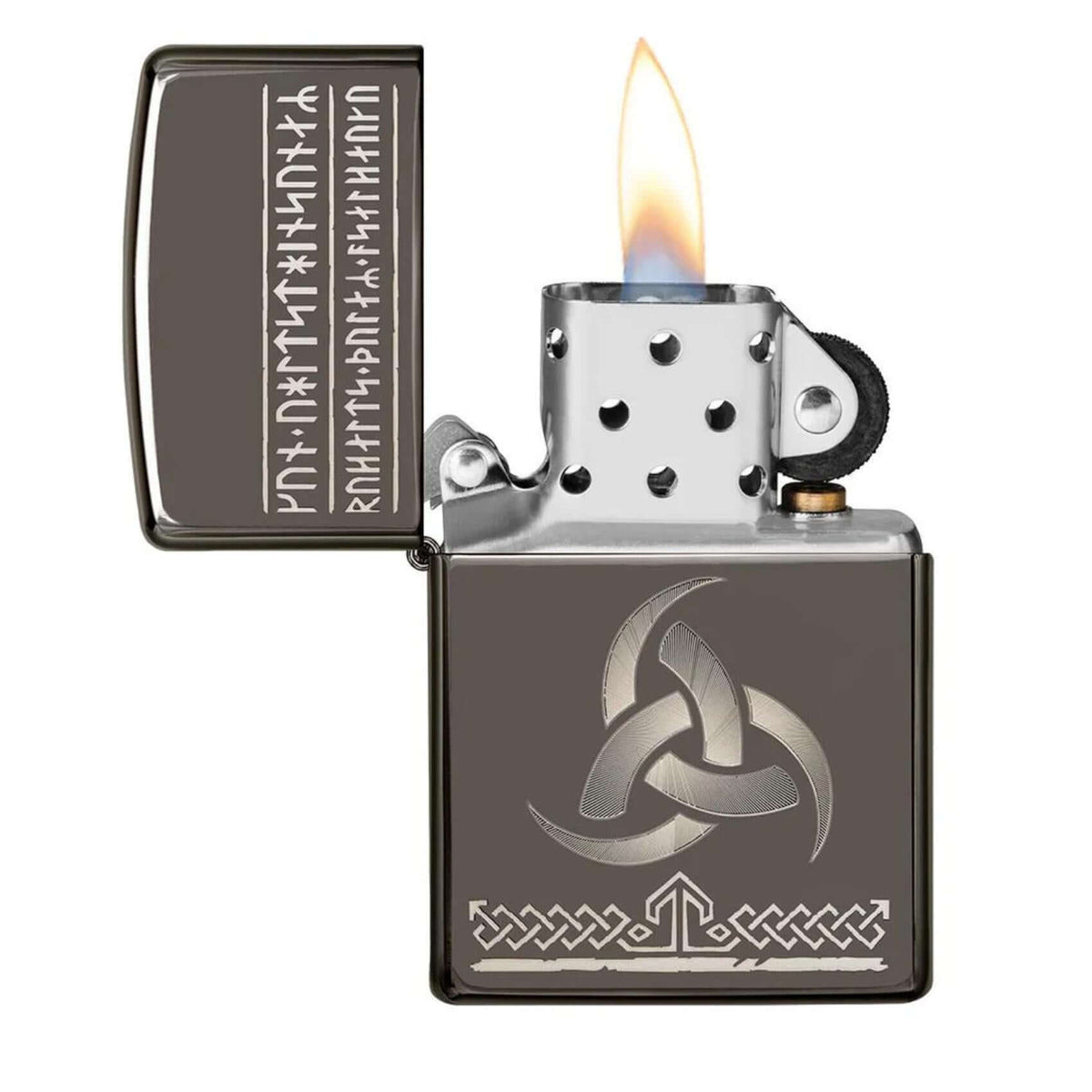 Ανοιχτός αναπτήρας Zippo Odin Design 49302 με φινίρισμα Black Ice® και χαραγμένο μυθολογικό σχέδιο.