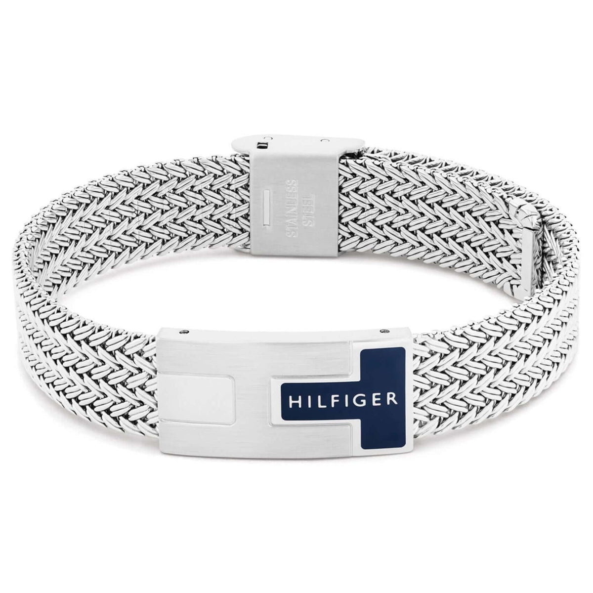 Ανδρικό ατσάλινο βραχιόλι Tommy Hilfiger 2790705 σε ασημί χρώμα με μπλε στοιχεία και σχέδιο μπρασελέ.