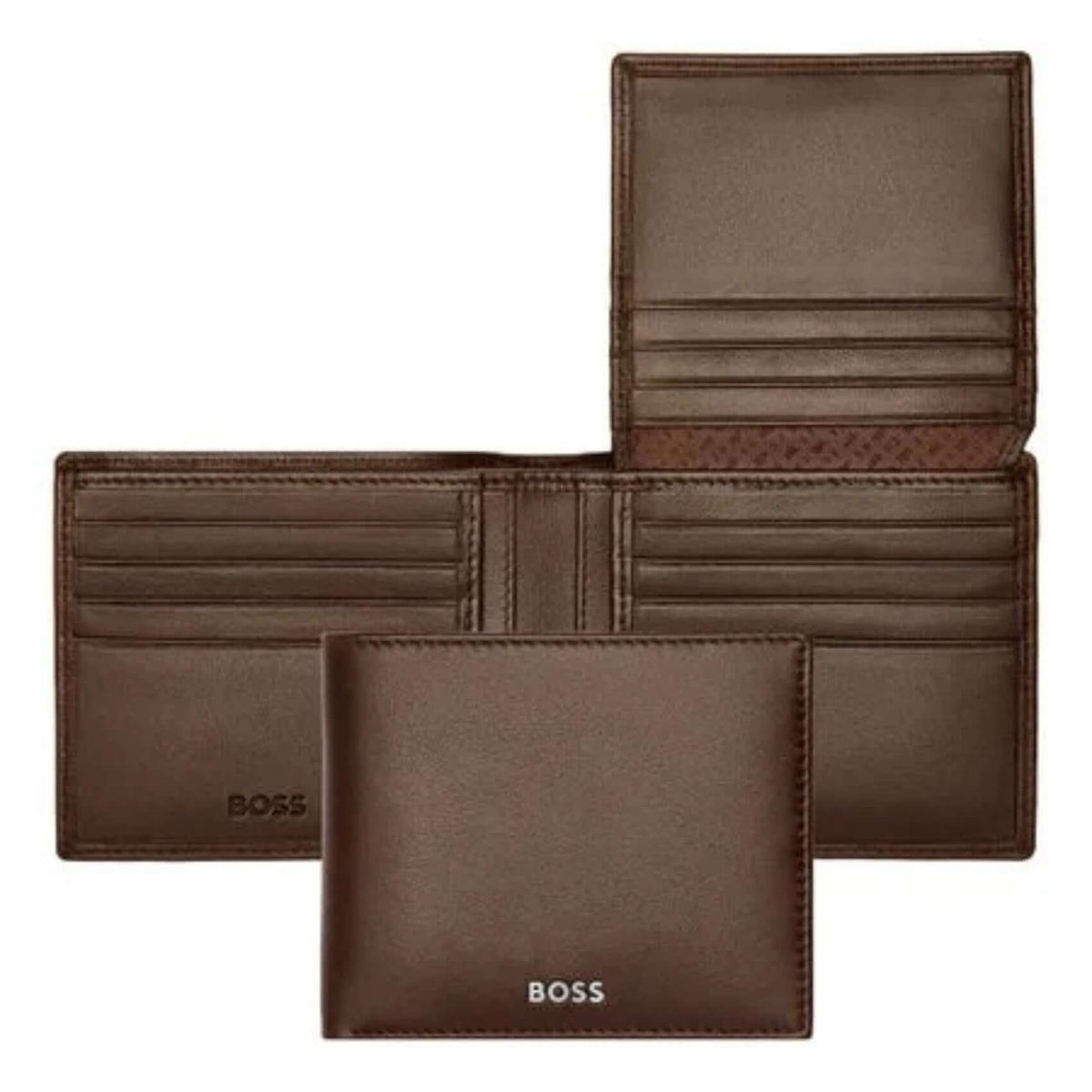 Ανδρικό δερμάτινο πορτοφόλι Hugo Boss Classic Smooth HLY403Y ανοιχτό και κλειστό σε καφέ χρώμα.