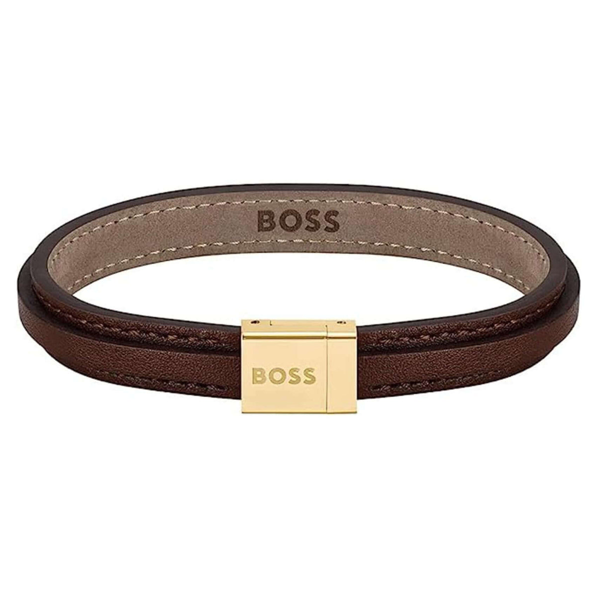 Ανδρικό δερμάτινο βραχιόλι Boss 1580329S σε μαύρο χρώμα με κούμπωμα από ανοξείδωτο ατσάλι σε χρυσό χρώμα.