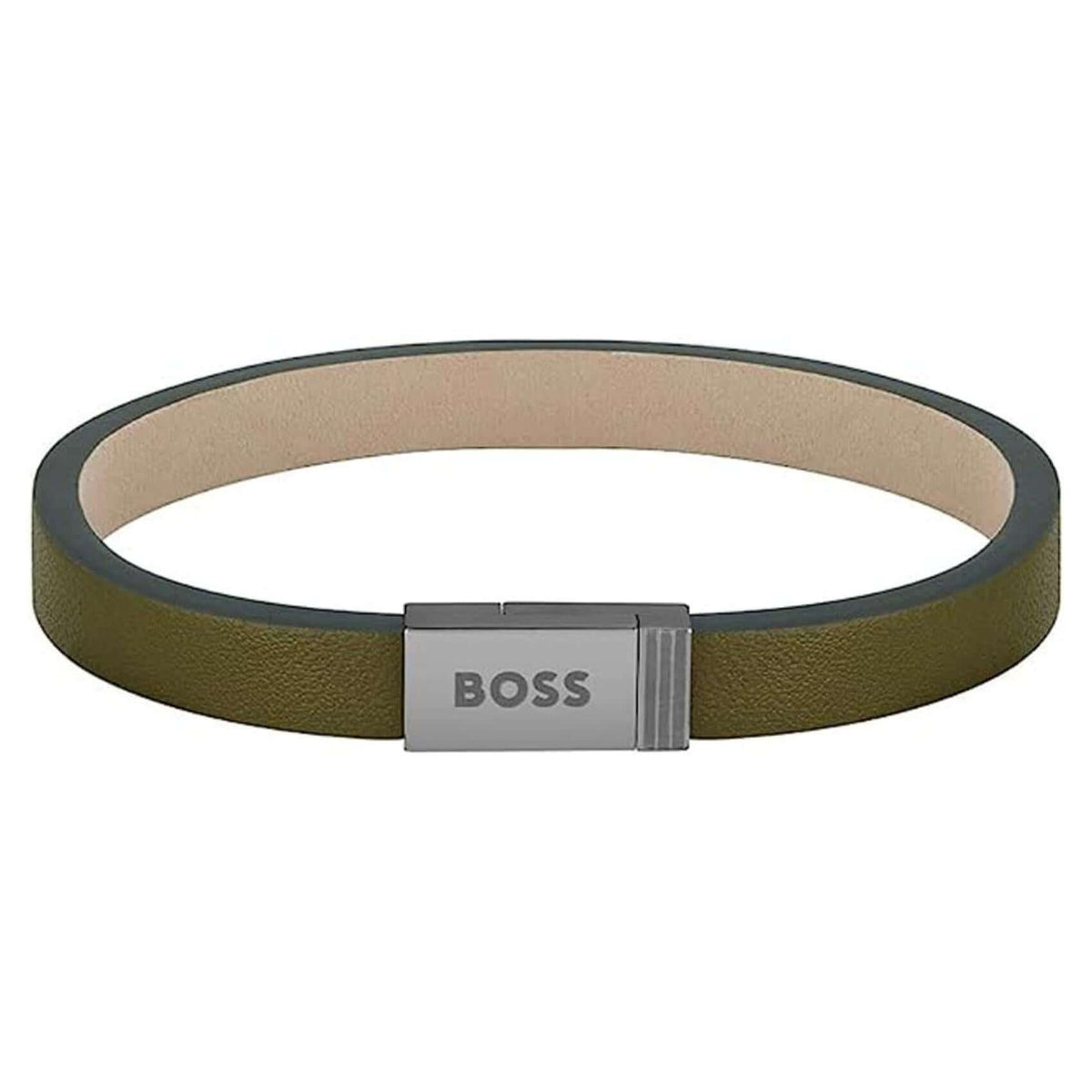 Ανδρικό δερμάτινο βραχιόλι Boss 1580338S σε χακί χρώμα με κούμπωμα από ανοξείδωτο ατσάλι σε ασημί χρώμα.