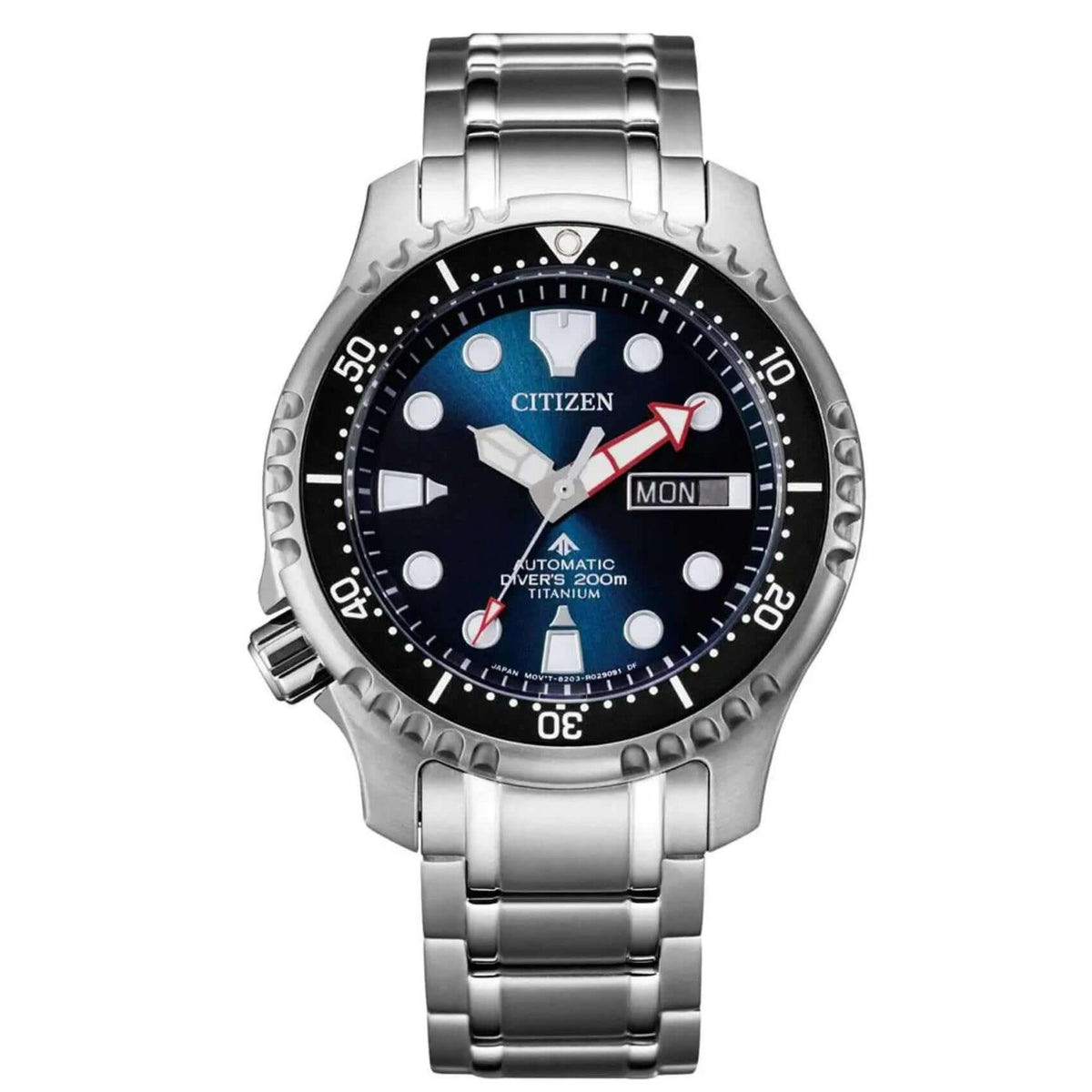 Ανδρικό καταδυτικό ρολόι Citizen Promaster Divers NY0100-50ME με ασημί μπρασελέ από τιτάνιο, μπλε καντράν 42mm και αυτόματο μηχανισμό Caliber 8203.