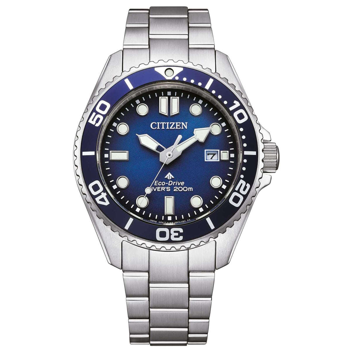 Ανδρικό καταδυτικό ρολόι Citizen Promaster Eco-Drive Divers BN0260-54L με ασημί μπρασελέ και μπλε καντράν 41mm με περιστρεφόμενη στεφάνη.