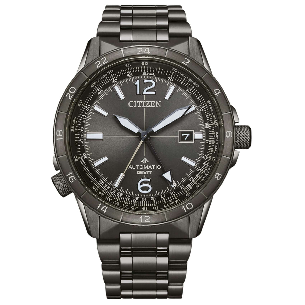 Ανδρικό καταδυτικό ρολόι Citizen Promaster Mechanical GMT NB6045-51H με γκρι μπρασελέ από ανοξείδωτο ατσάλι, γκρι καντράν διαμέτρου 44.5mm και αυτόματο μηχανισμό