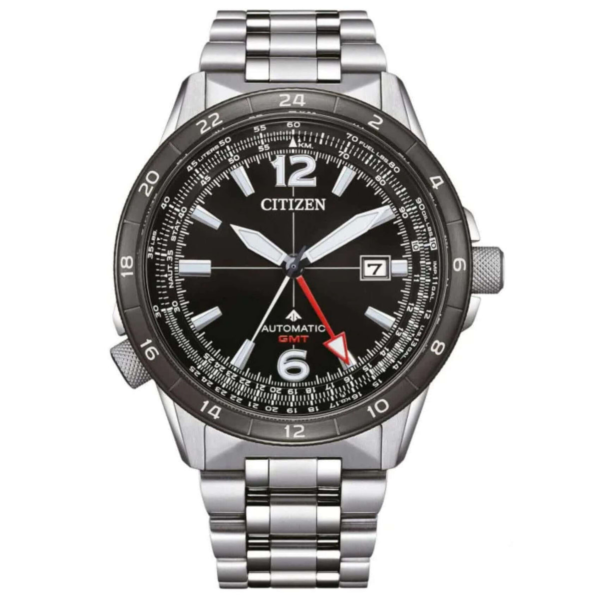 Ανδρικό καταδυτικό ρολόι Citizen Promaster Mechanical GMT NB6046-59E με ασημί μπρασελέ από ανοξείδωτο ατσάλι, μαύρο καντράν 44.5mm και αυτόματο μηχανισμό Caliber 9054.