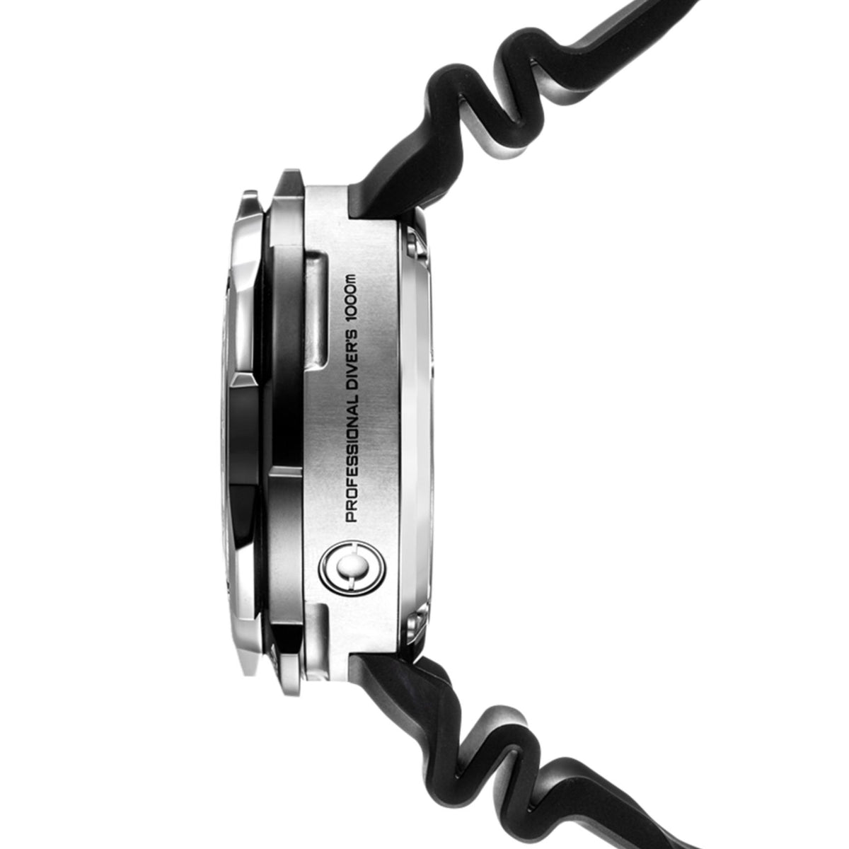 Πλάγια όψη του Citizen Promaster Professional Diver 1000 BN7020-09E με στιβαρή κάσα Super Titanium και προστατευμένη κορώνα.