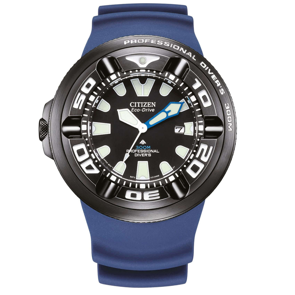 Ανδρικό καταδυτικό ρολόι Citizen Promaster Professional Diver 300 BJ8055-04E με μπλε λουράκι και μαύρο καντράν 48mm.