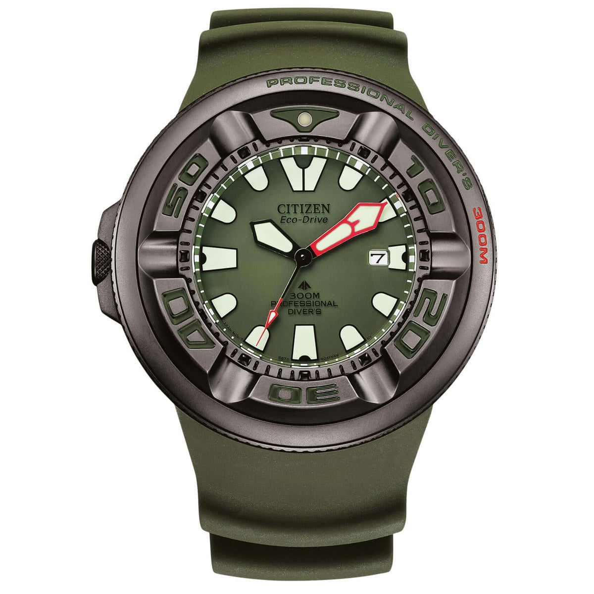 Ανδρικό καταδυτικό ρολόι Citizen Promaster Professional Diver 300 BJ8057-17X με πράσινο λουράκι και πράσινο καντράν 48mm.