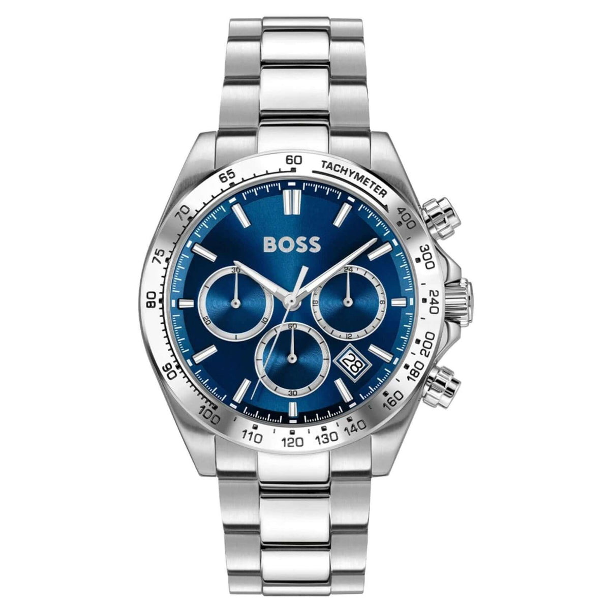 Ανδρικό ρολόι Boss Hero 1514315 χρονογράφος με ασημί μπρασελέ από ανοξείδωτο ατσάλι, μπλε καντράν 44mm, ένδειξη ημερομηνίας και διπλή ώρα.