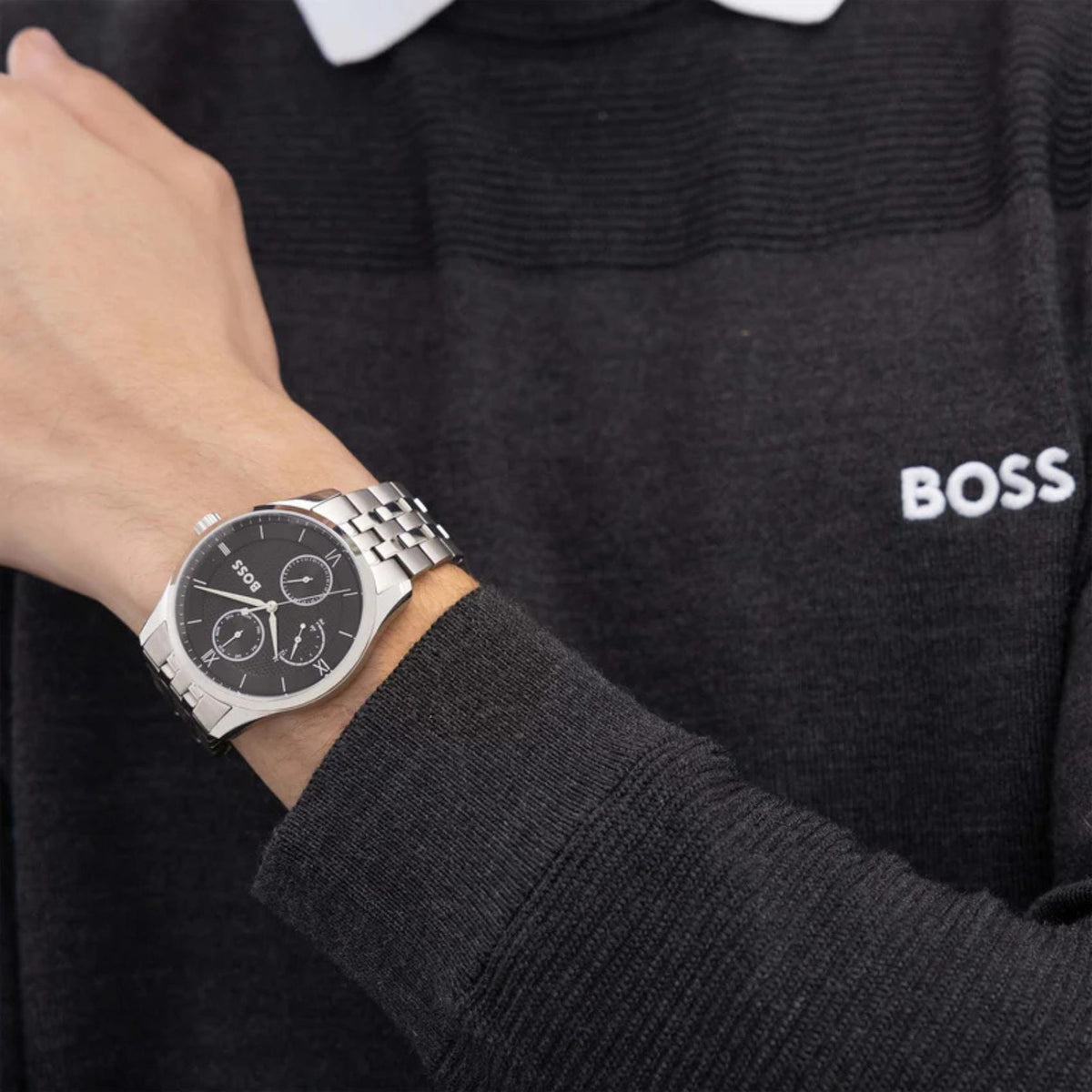 Ανδρικό Ρολόι Boss Principle 1514274 με Ασημί Μπρασελέ & Μαύρο Καντράν