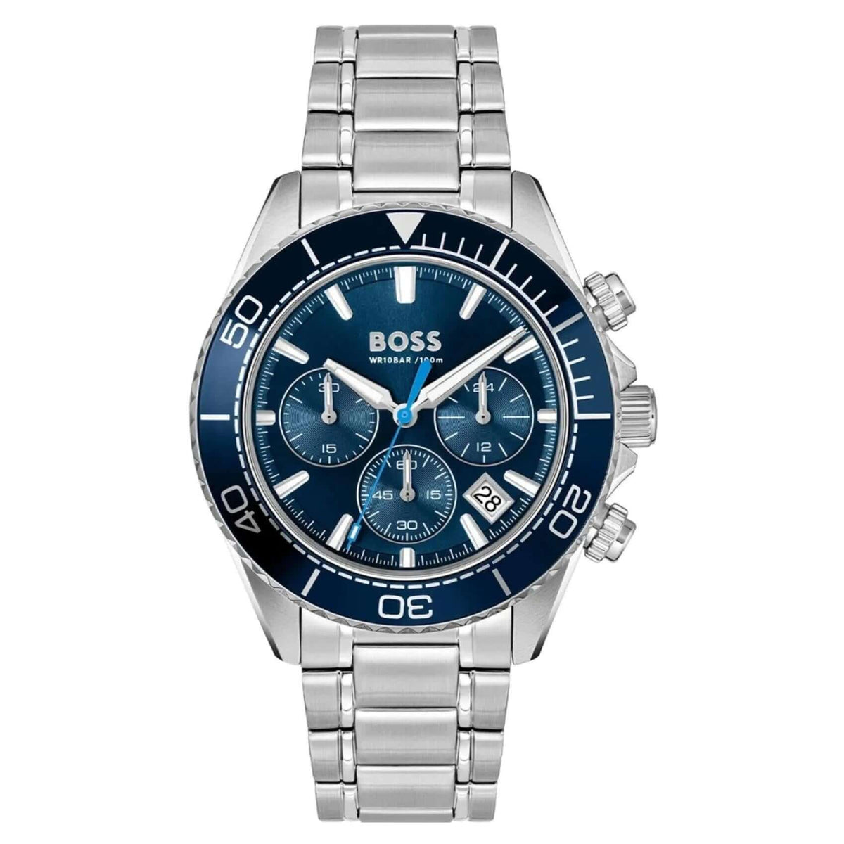 Ανδρικό ρολόι Boss Sealiner 1514322 χρονογράφος με ασημί μπρασελέ από ανοξείδωτο ατσάλι, μπλε καντράν 44mm, ένδειξη ημερομηνίας 
