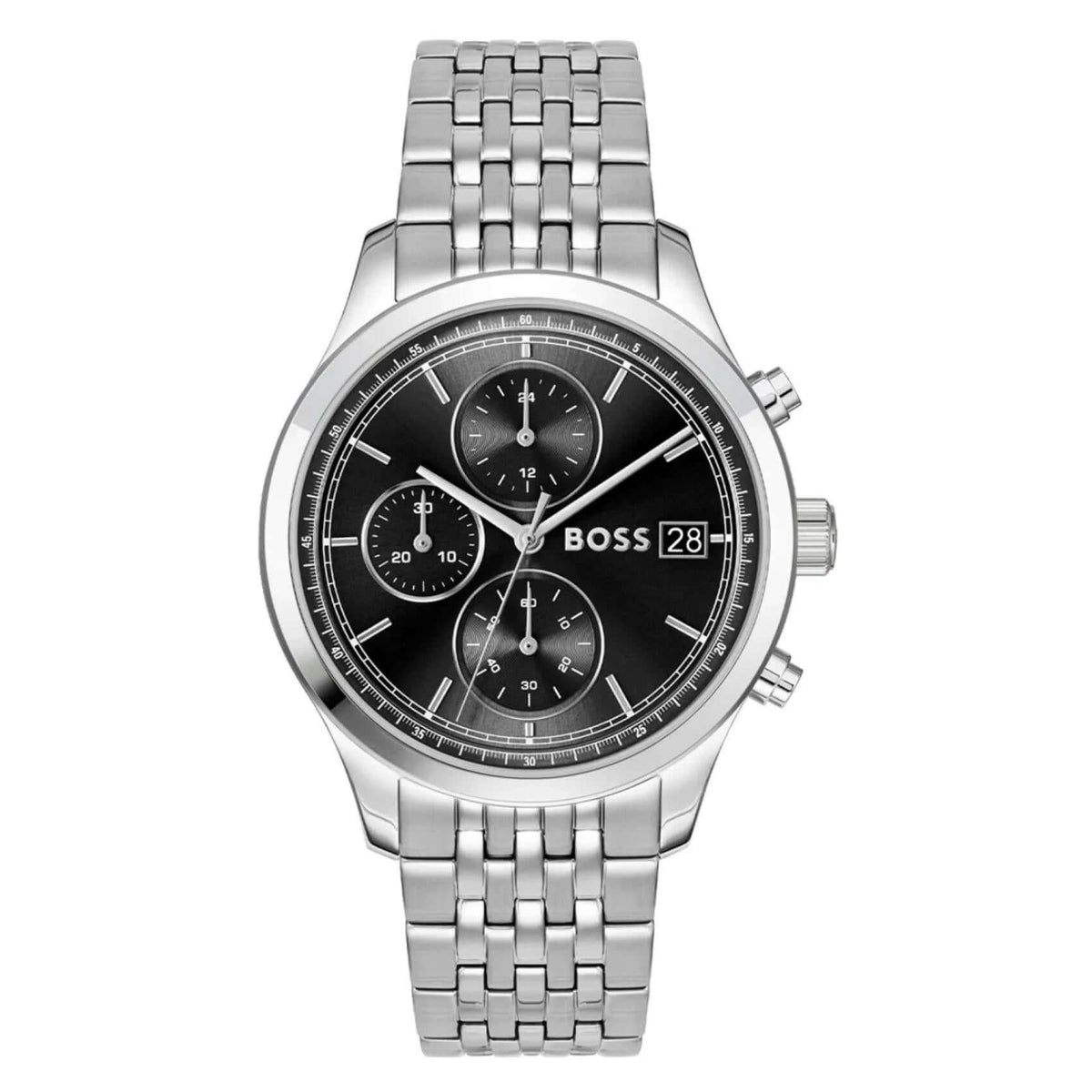 Ανδρικό ρολόι Boss Stratus 1514328 χρονογράφος με ασημί μπρασελέ από ανοξείδωτο ατσάλι, μαύρο καντράν 41mm, ένδειξη ημερομηνίας και διπλή ώρα.
