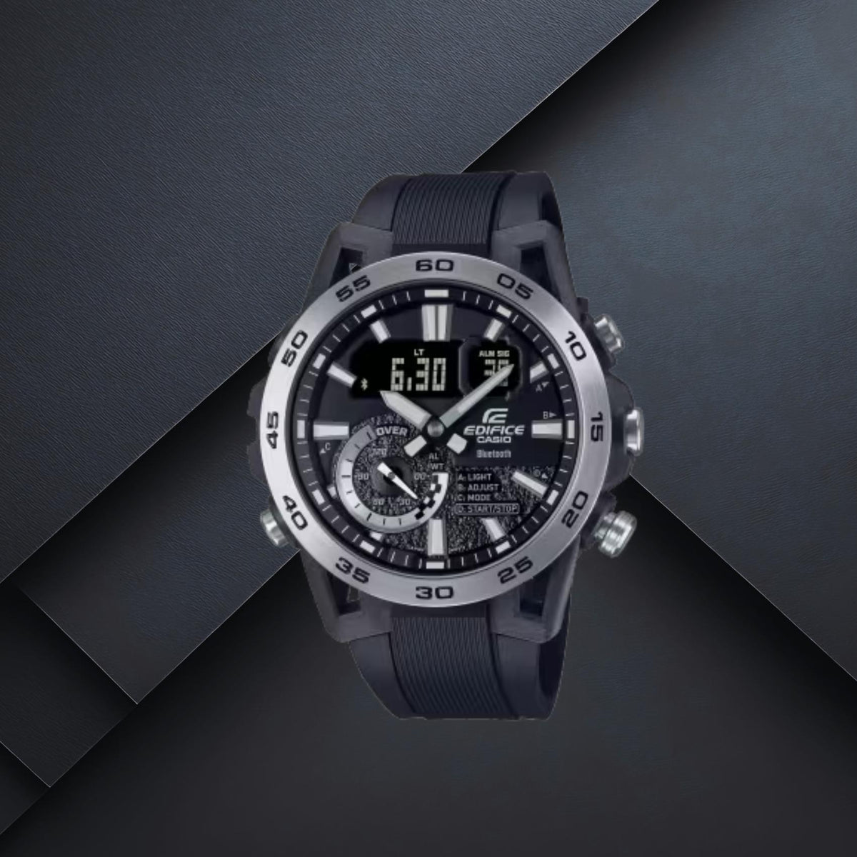 Ανδρικό ρολόι Casio Edifice ECB-40P-1AEF με μαύρο λουράκι, μαύρο καντράν 52mm, χρονογράφος, ημέρα και ημερομηνία