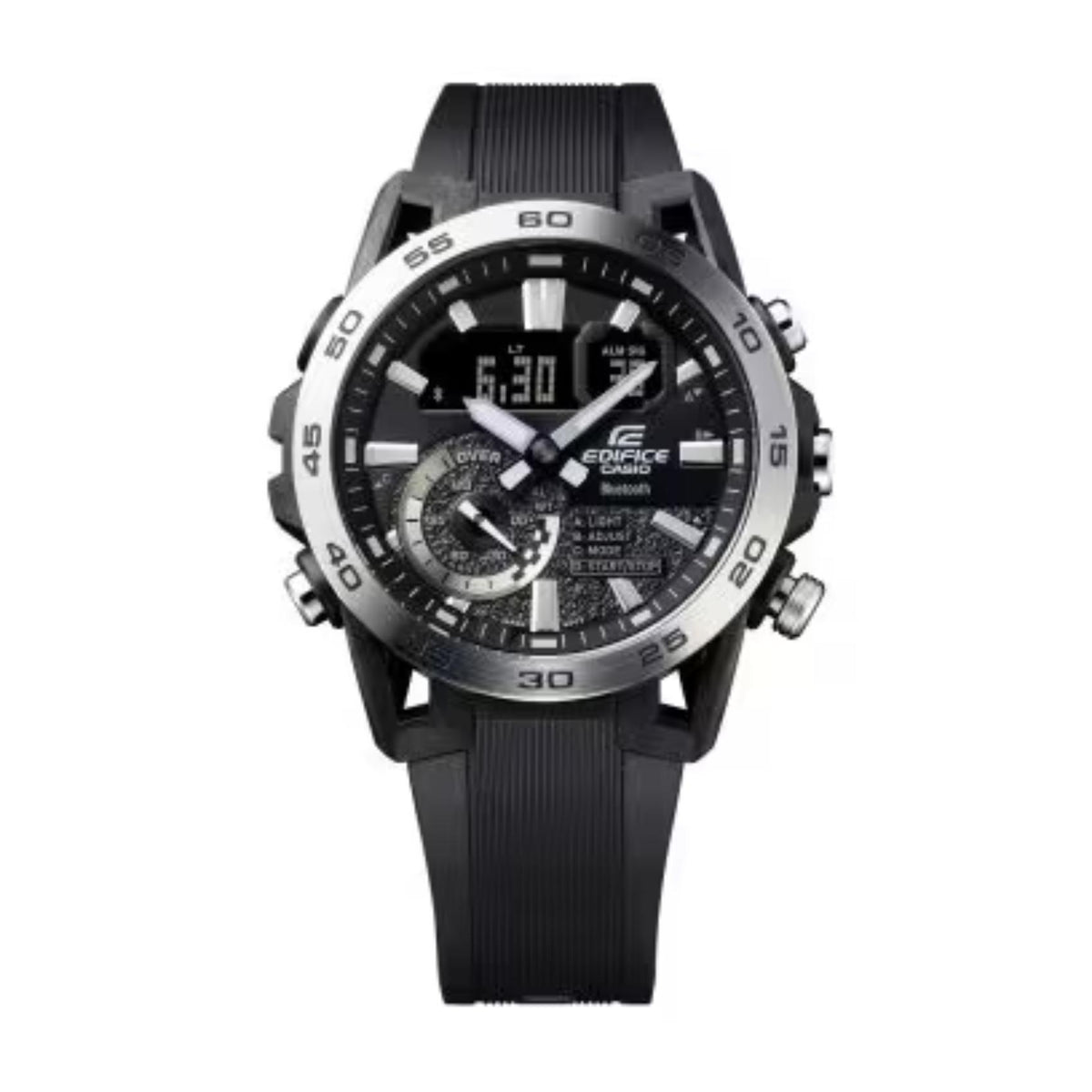 Μαύρο καντράν ρολογιού Casio Edifice ECB-40P-1AEF διαμέτρου 52mm με ένδειξη ημέρας και ημερομηνίας και χρονογράφο