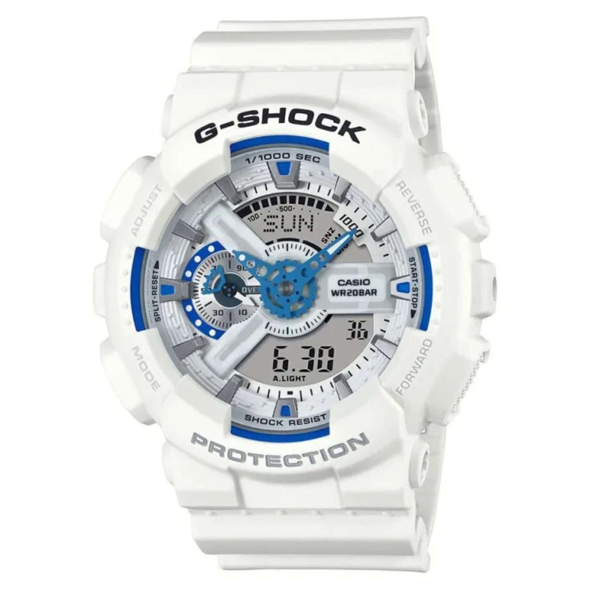 Ανδρικό ρολόι Casio G-Shock GA-110HDS-7AER με λευκό καουτσούκ λουράκι και μπλε καντράν 51 mm.
