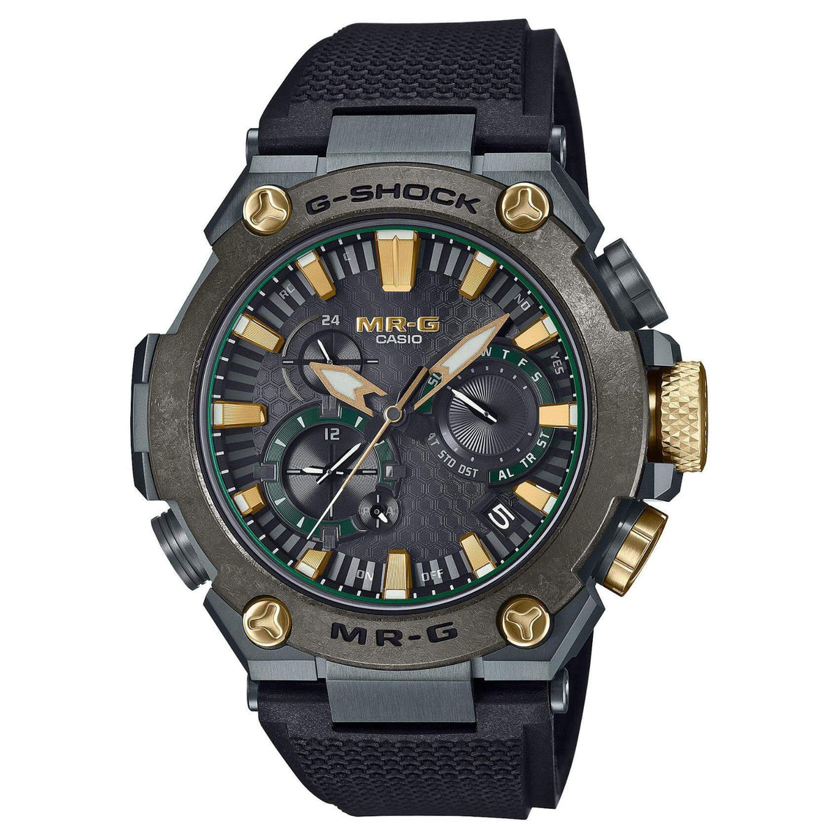 Ανδρικό ρολόι Casio G-Shock MRG-B2000RG-3ADR με μαύρο λουράκι Dura Soft Fluoro Rubber και μαύρο καντράν με πράσινες και χρυσές λεπτομέρειες 49.8 mm.