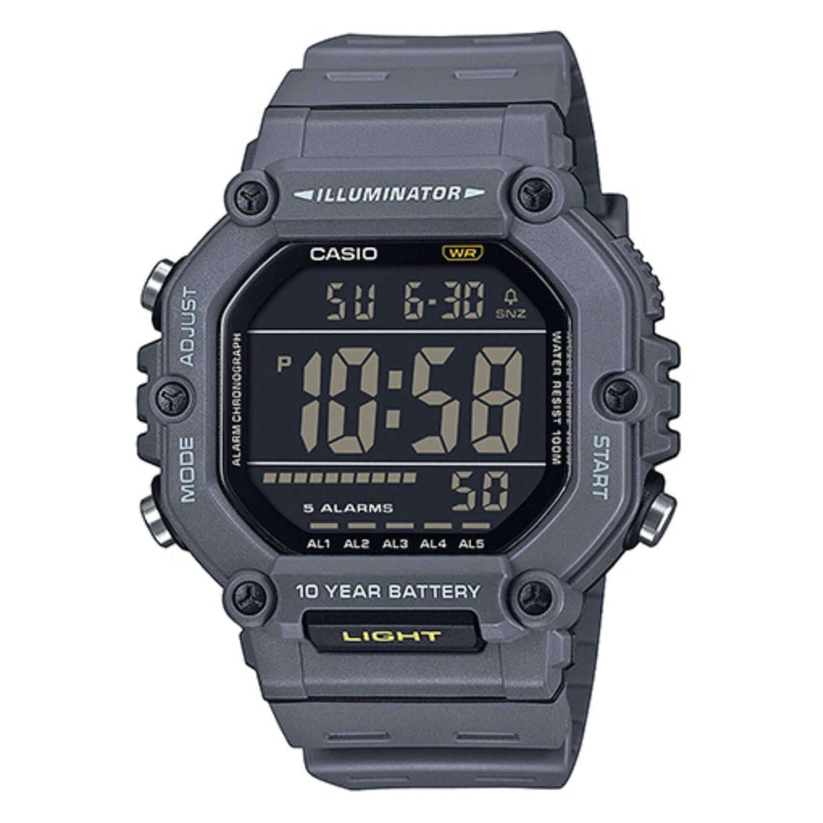 Ανδρικό ρολόι Casio Standard AE-1600H-8BVEF με μαύρο καουτσούκ λουράκι και γκρι ψηφιακό καντράν σε τετράγωνο σχήμα.