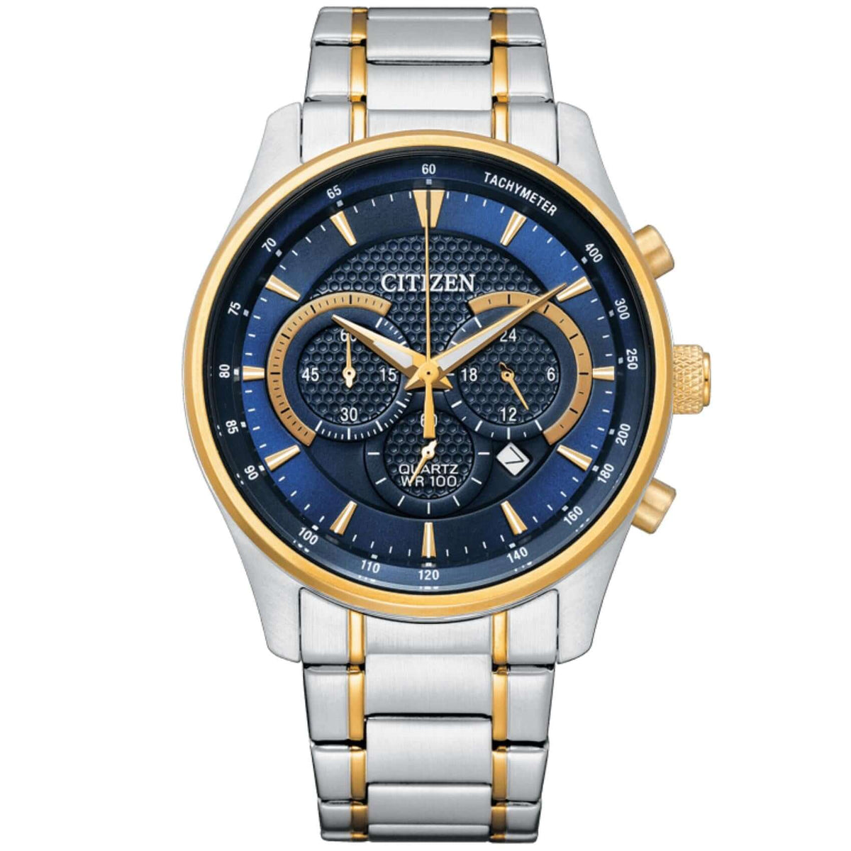 Ανδρικό ρολόι Citizen AN8194-51L χρονογράφος με δίχρωμο ασημί-χρυσό μπρασελέ από ανοξείδωτο ατσάλι, μπλε καντράν 42mm και μηχανισμό μπαταρίας Caliber 0520.