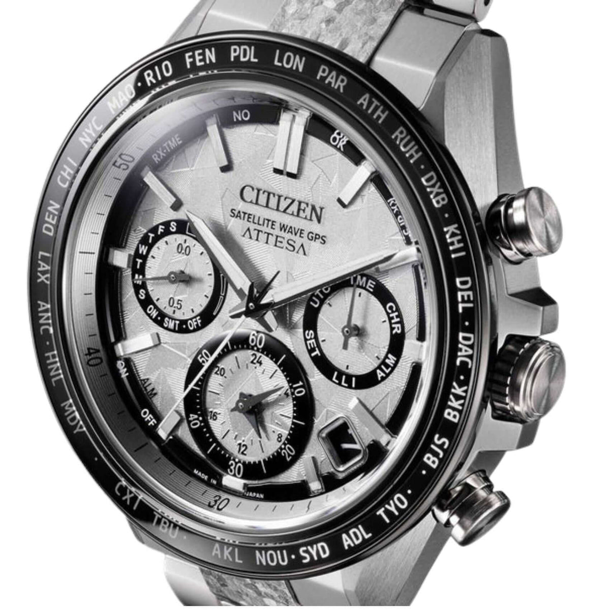 Ασημί καντράν 44mm του ανδρικού ρολογιού Citizen Attesa CC4076-65A Limited Edition με δορυφορικό GPS, παγκόσμια ώρα και αχάρακτο ζαφείρι.