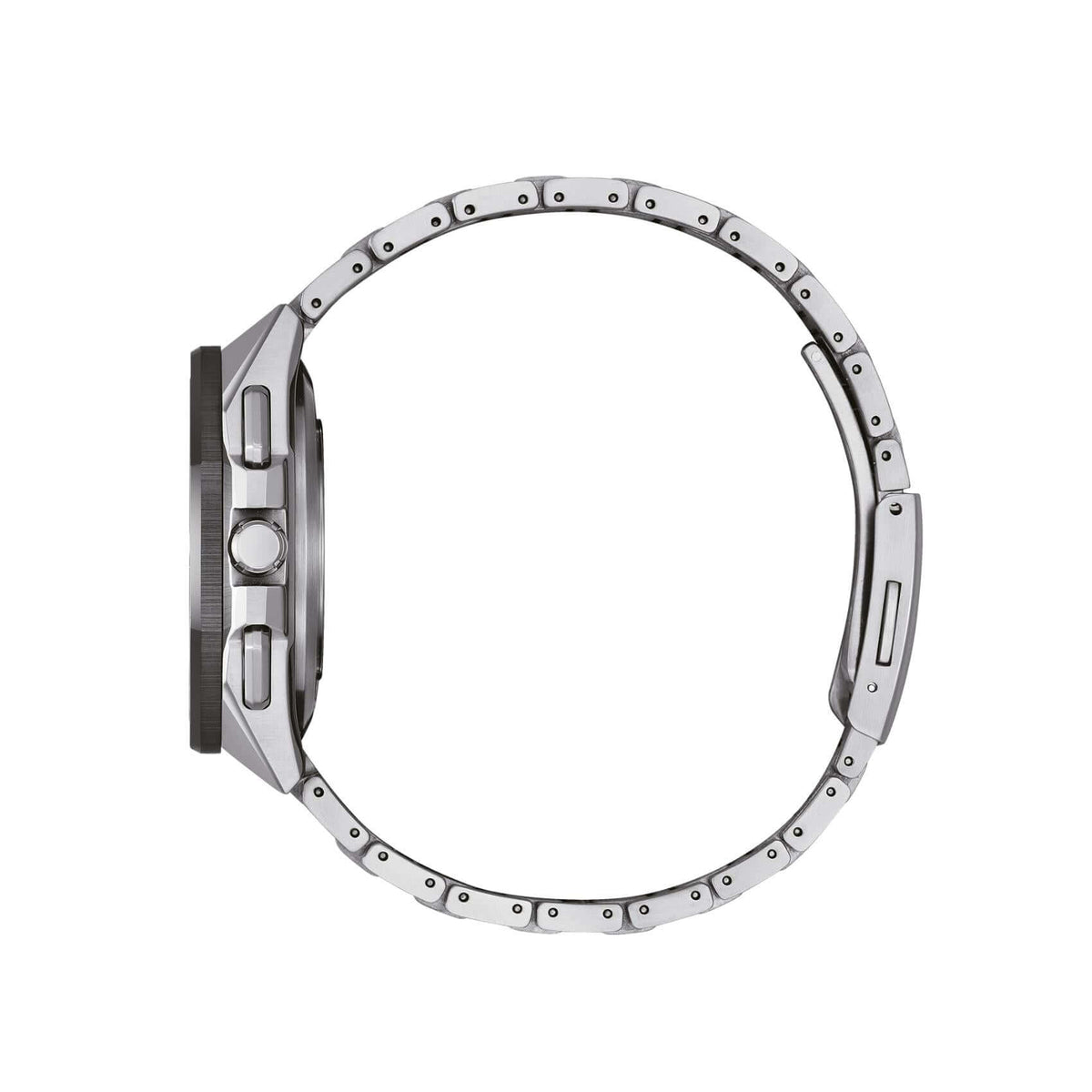 Ασημί μπρασελέ του ανδρικού ρολογιού Citizen Attesa CC4104-53E από Super Titanium με κούμπωμα ασφαλείας.
