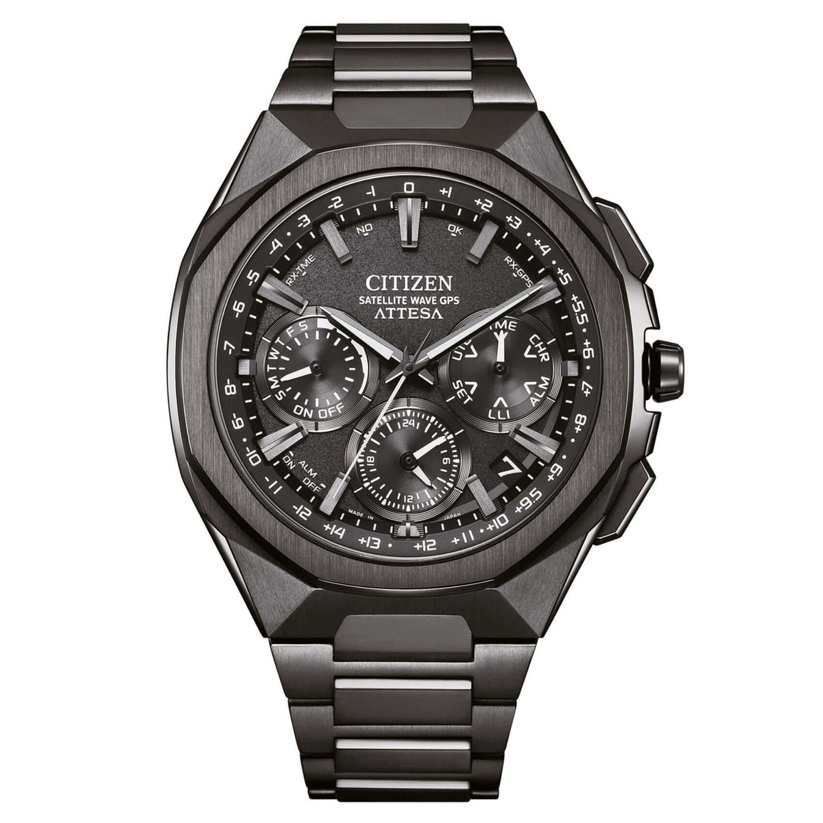 Ανδρικό ρολόι Citizen Attesa CC4105-69E με κάσα και γκρι μπρασελέ από Super Titanium, μαύρο καντράν 44mm, κεραμική οκταγωνική στεφάνη και μηχανισμό Eco-Drive F950-08Z.