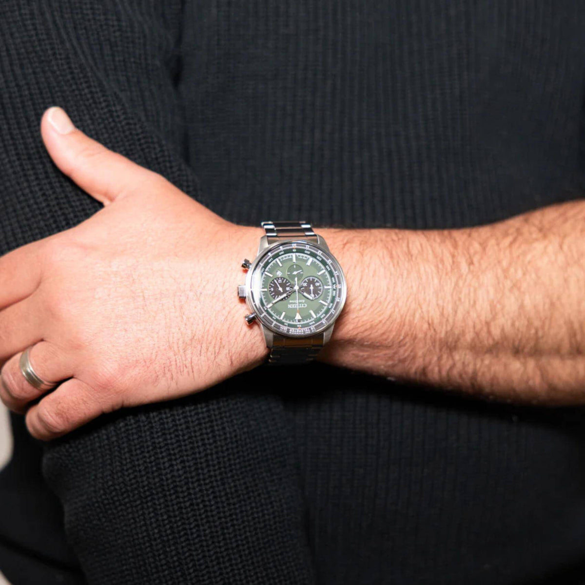 Ρολόι Citizen Eco-Drive CA4500-91X με Ασημί Μπρασελέ και Πράσινο Καντράν