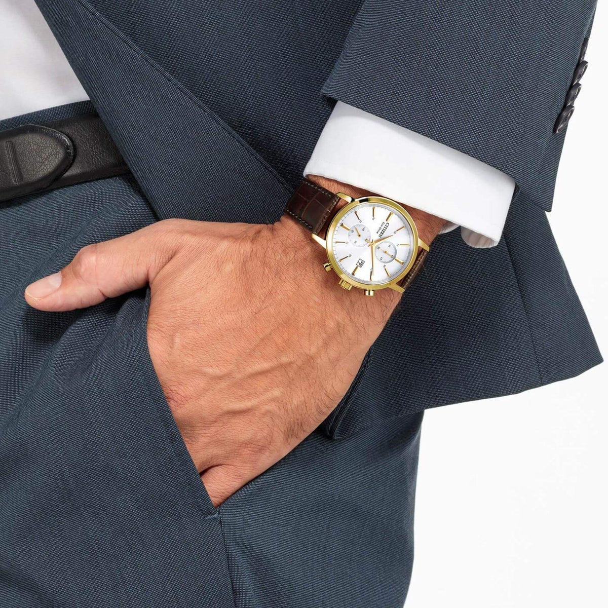 Ανδρικό Ρολόι Citizen Eco-Drive CA7062-15A με Καφέ Δερμάτινο Λουράκι και Λευκό Καντράν