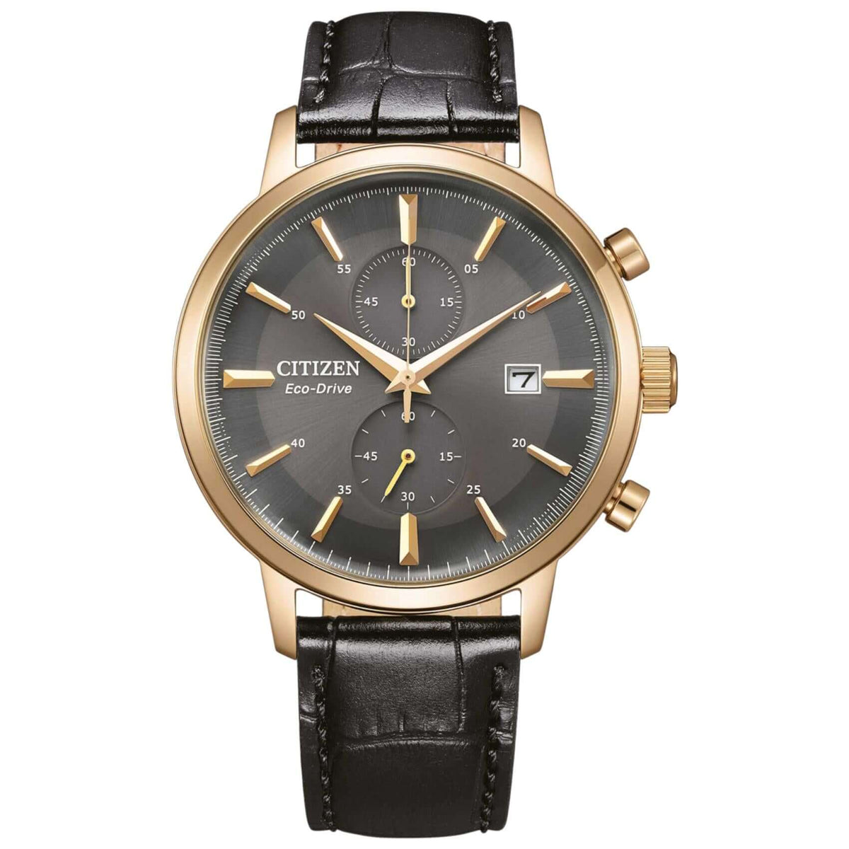 Ανδρικό ρολόι Citizen Eco-Drive CA7067-11H κλασικός χρονογράφος με μαύρο δερμάτινο λουράκι και γκρι καντράν 42mm.