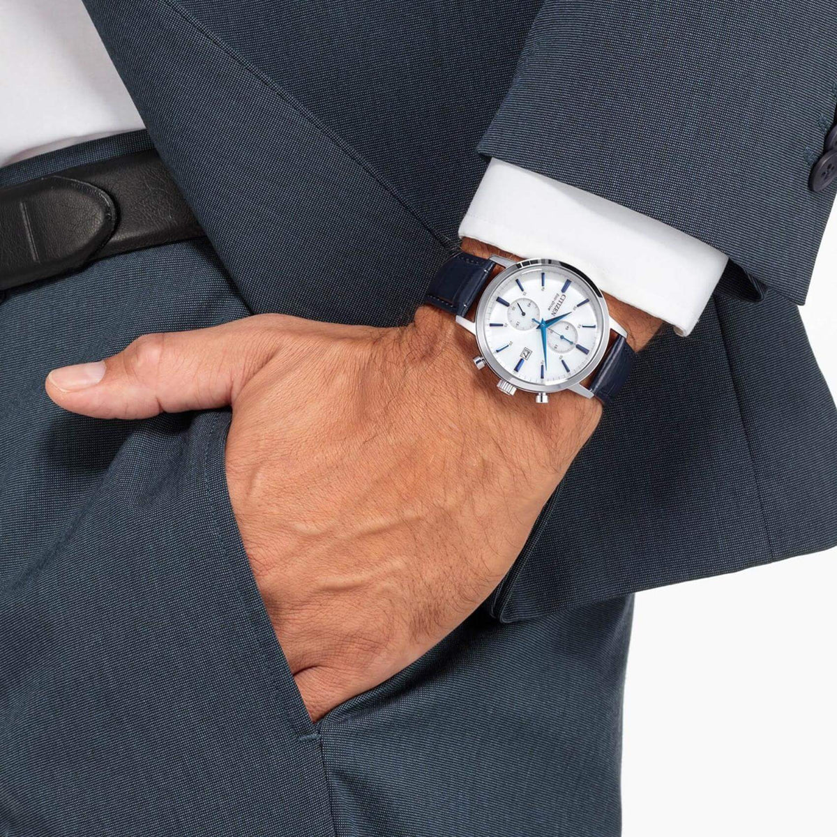 Ρολόι Citizen Eco-Drive CA7069-16A με Μπλε Δερμάτινο Λουράκι και Λευκό Καντράν