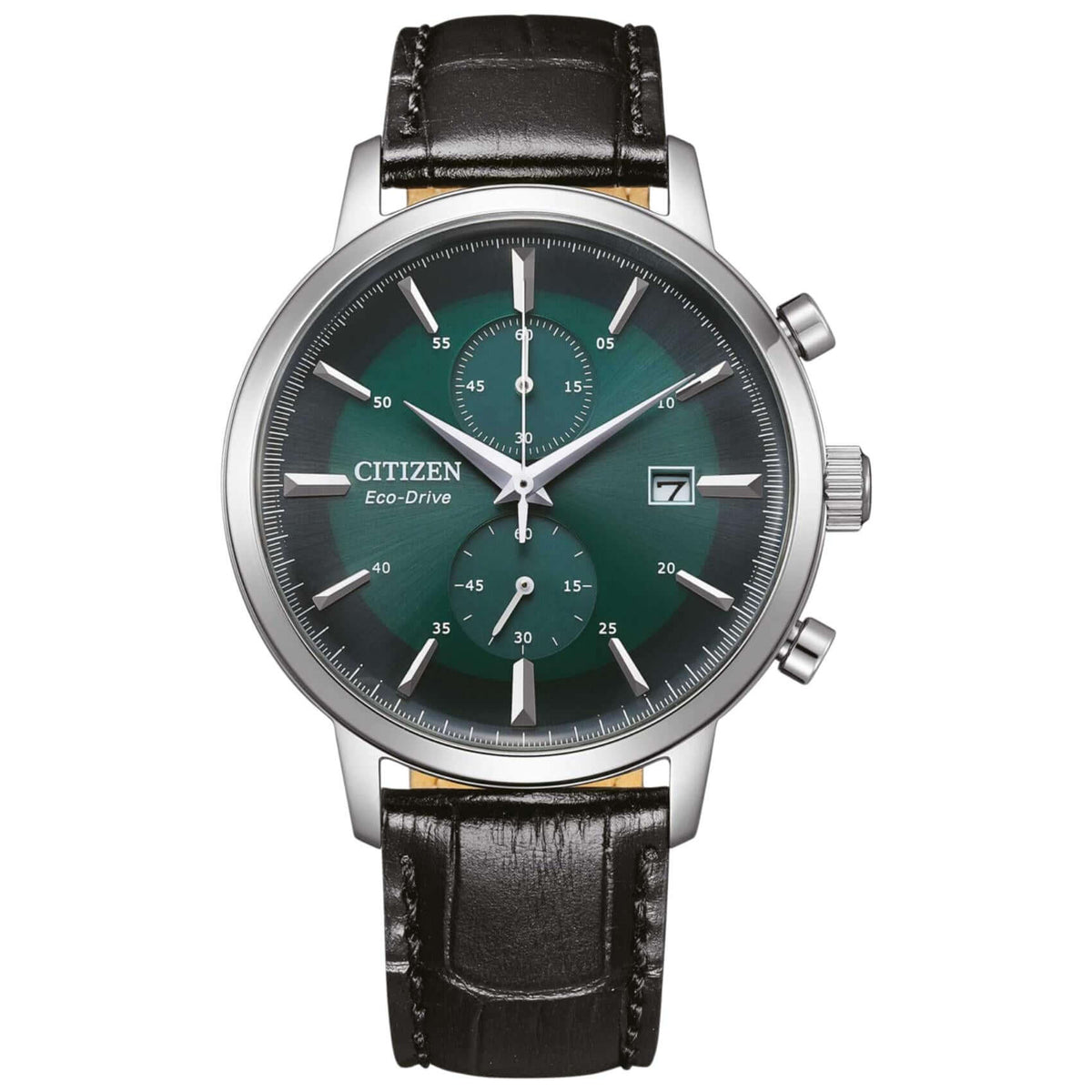 Ανδρικό ρολόι Citizen Eco-Drive CA7069-24X κλασικός χρονογράφος με μαύρο δερμάτινο λουράκι και πράσινο καντράν 42mm με ένδειξη ημερομηνίας.