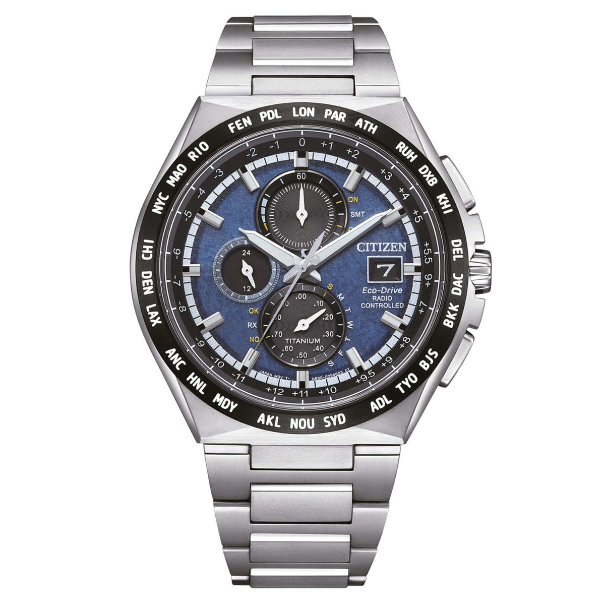 Ανδρικό ρολόι Citizen Eco-Drive Radio Controlled AT8238-84L χρονογράφος με ασημί μπρασελέ από τιτάνιο, μπλε καντράν 43.5mm και μηχανισμό Eco-Drive H800.