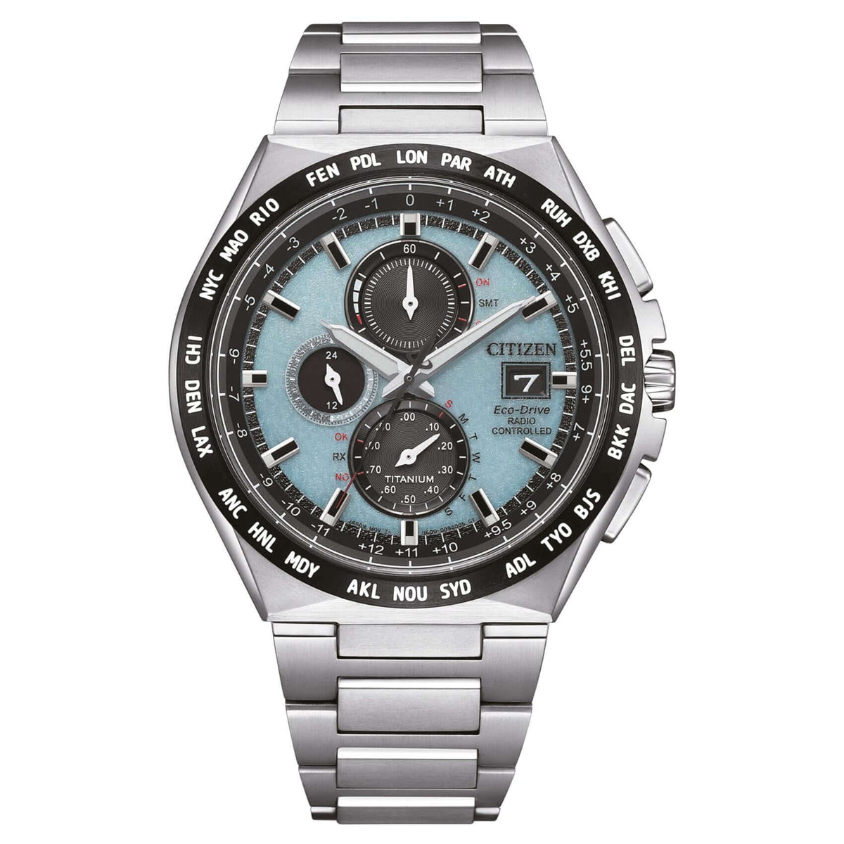 Ανδρικό ρολόι Citizen Eco-Drive Radio Controlled AT8238-84M χρονογράφος με ασημί μπρασελέ από τιτάνιο, γαλάζιο καντράν 43.5mm και μηχανισμό Eco-Drive H800.