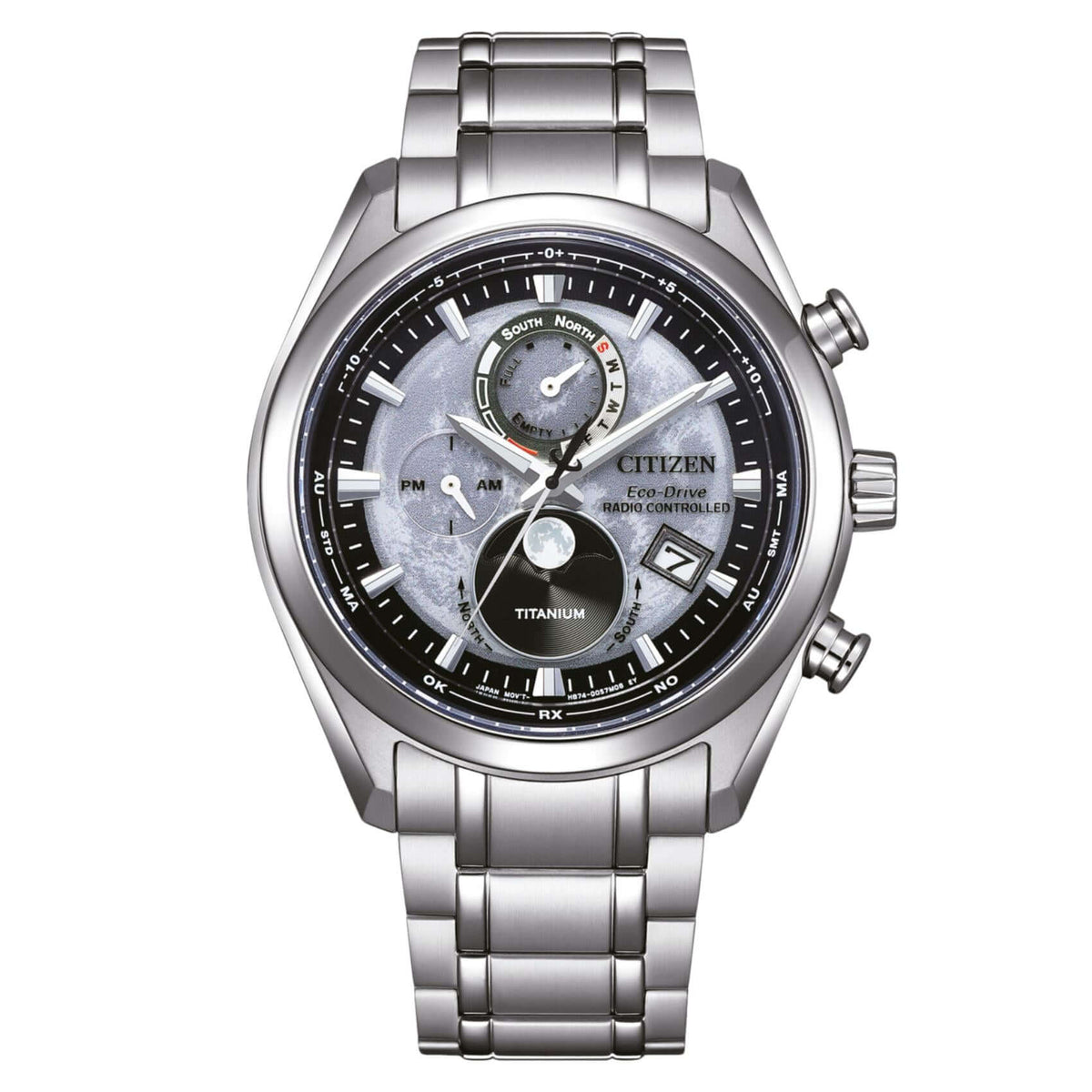 Ανδρικό ρολόι Citizen Eco-Drive Tsuki-yomi BY1010-81H με ασημί μπρασελέ από τιτάνιο, γκρι-μαύρο καντράν 43mm και ένδειξη φάσεων της σελήνης.