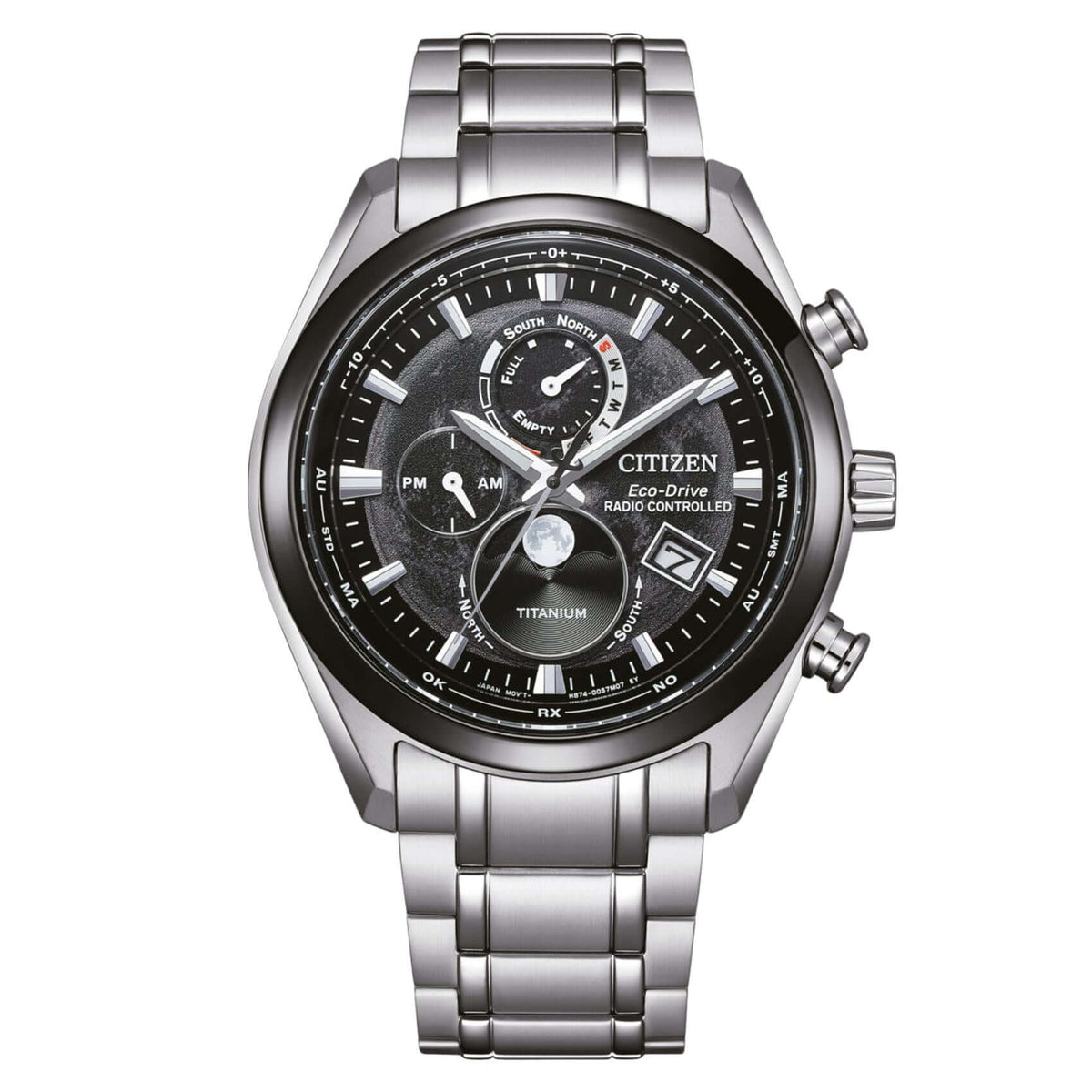 Ανδρικό ρολόι Citizen Eco-Drive Tsuki-yomi BY1018-80E με ασημί μπρασελέ από τιτάνιο, μαύρο καντράν 43mm και ένδειξη φάσεων της σελήνης.