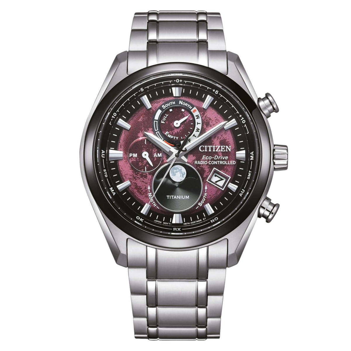 Ανδρικό ρολόι Citizen Eco-Drive Tsuki-yomi BY1018-80X με ασημί μπρασελέ από τιτάνιο, κόκκινο καντράν 43mm και ένδειξη φάσεων της σελήνης.