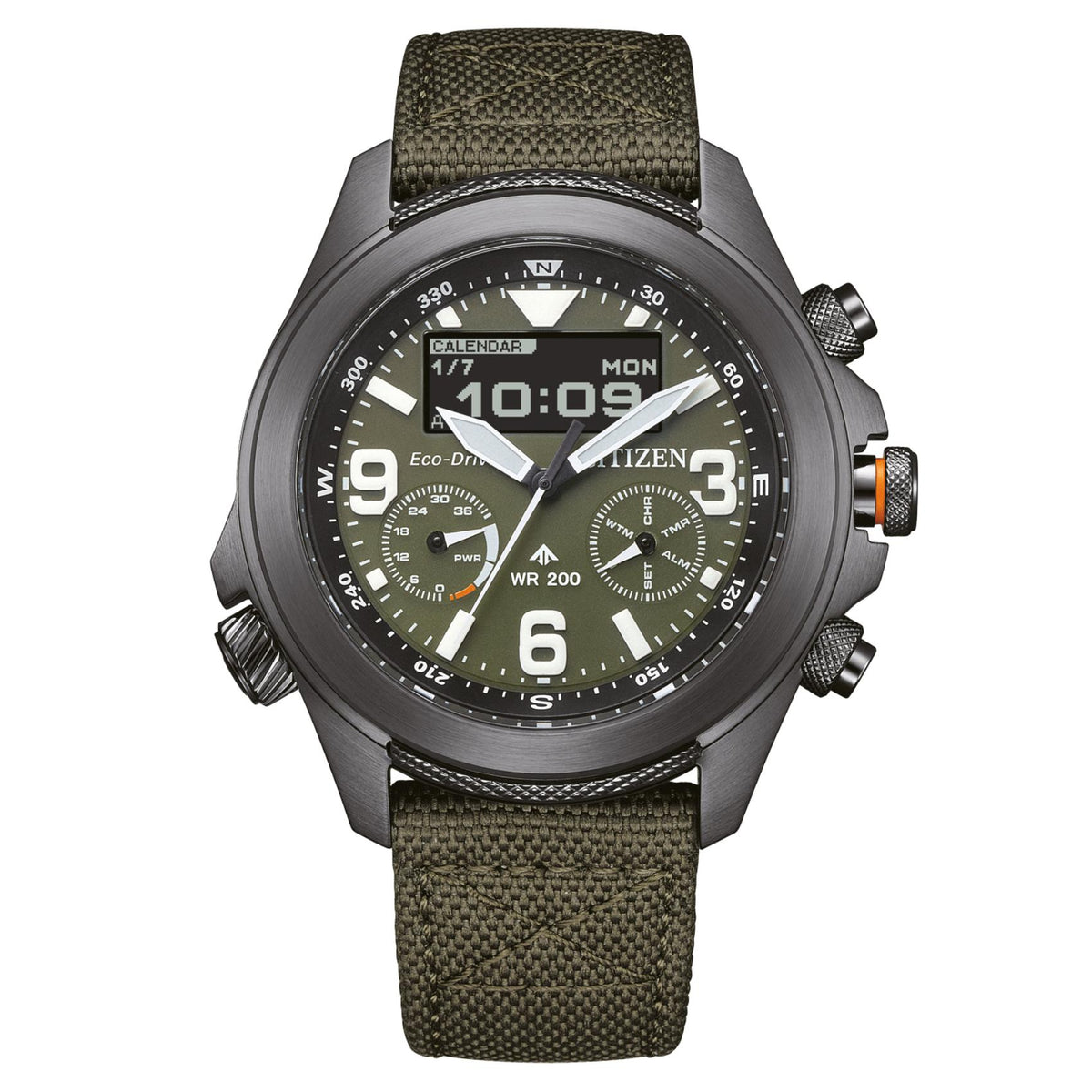 Ανδρικό ρολόι Citizen Promaster Land JV1005-02W με πράσινο nylon λουράκι και πράσινο καντράν 43.5mm με αναλογική και ψηφιακή ένδειξη.