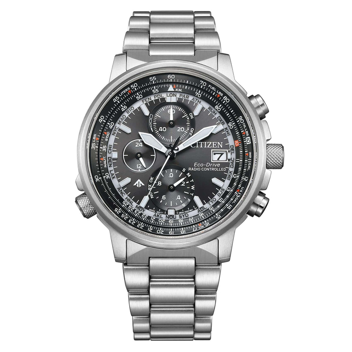 Ανδρικό ρολόι Citizen Promaster Sky AT8300-58E χρονογράφος με ασημί μπρασελέ από ανοξείδωτο ατσάλι, μαύρο καντράν 41mm και μηχανισμό Eco-Drive H800.