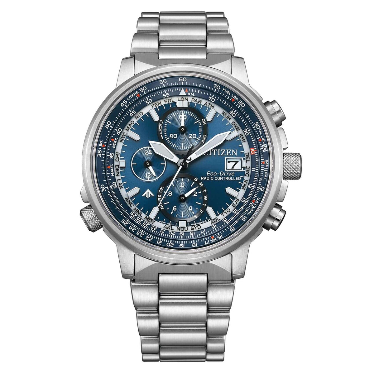 Ανδρικό ρολόι Citizen Promaster Sky AT8300-58L χρονογράφος με ασημί μπρασελέ από ανοξείδωτο ατσάλι, μπλε καντράν 41mm και μηχανισμό Eco-Drive H800.