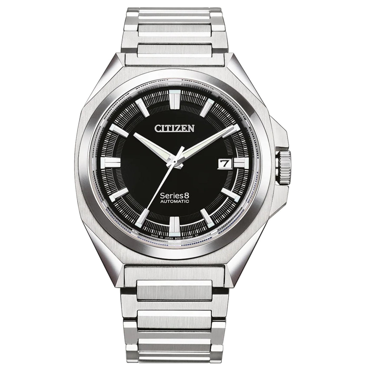 Ανδρικό ρολόι αυτόματο Citizen Series 8 NB6010-81E με ασημί μπρασελέ και μαύρο καντράν, με ένδειξη ημερομηνίας