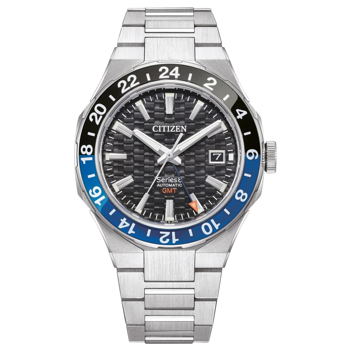 Ανδρικό ρολόι αυτόματο Citizen Series 8 GMT NB6031-56E με ασημί μπρασελέ και μαύρο καντράν, με ένδειξη ημερομηνίας