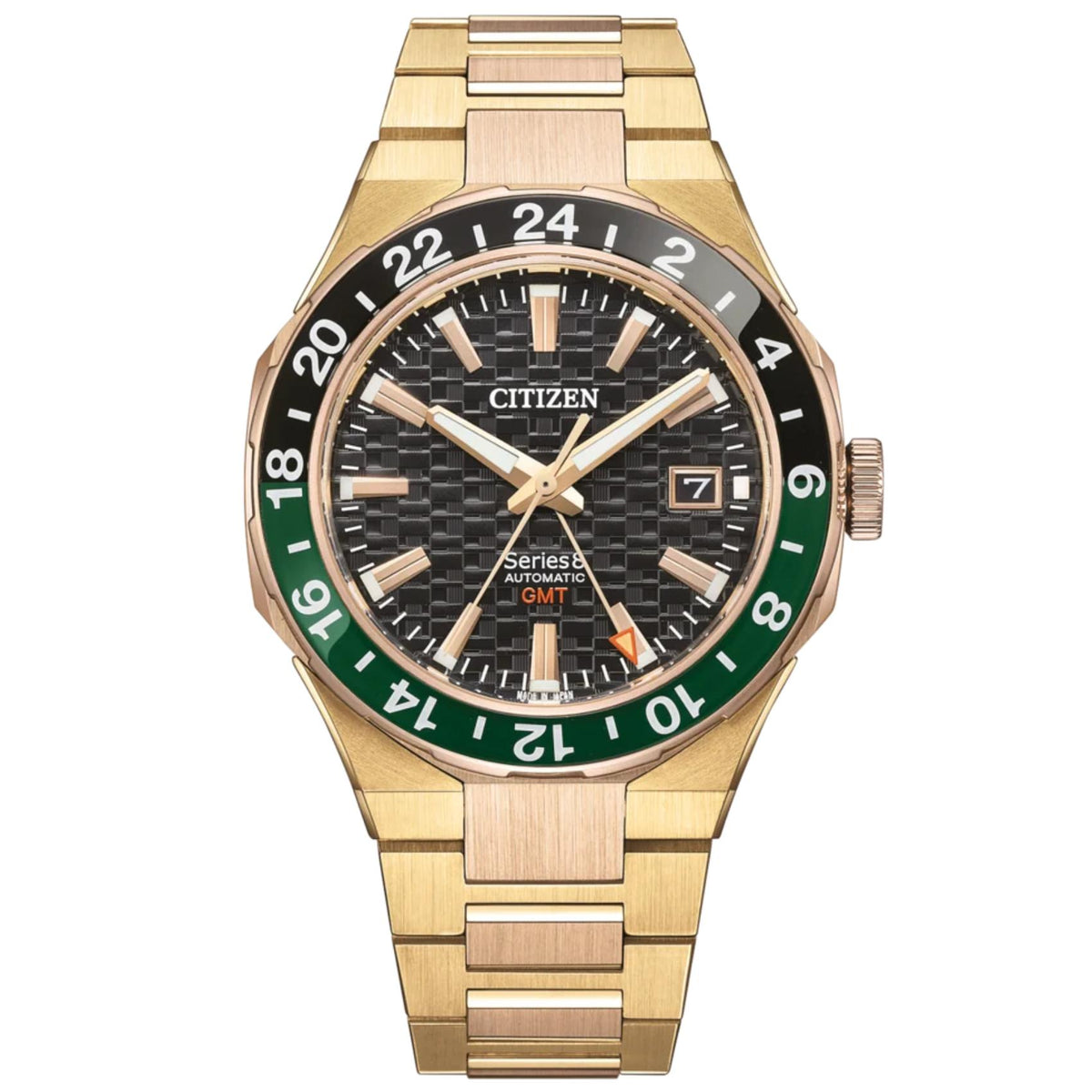 Ανδρικό ρολόι αυτόματο Citizen Series 8 GMT NB6033-51E με χρυσό μπρασελέ και μαύρο καντράν με ένδειξη ημερομηνίας