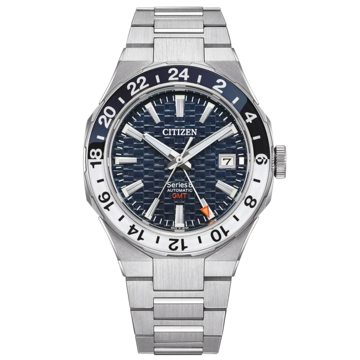 Ανδρικό ρολόι αυτόματο Citizen Series 8 GMT NB6034-58L με ασημί μπρασελέ και μπλε καντράν με ένδειξη ημερομηνίας
