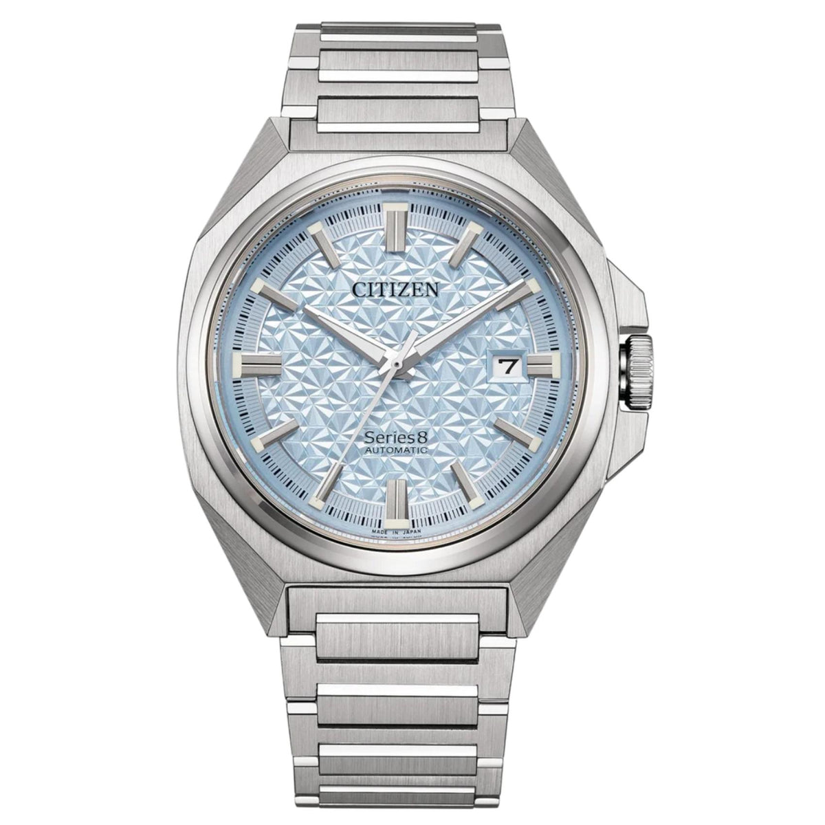 Ανδρικό ρολόι αυτόματο Citizen Series 8 NB6051-59L με ασημί μπρασελέ και γαλάζιο καντράν με ένδειξη ημερομηνίας