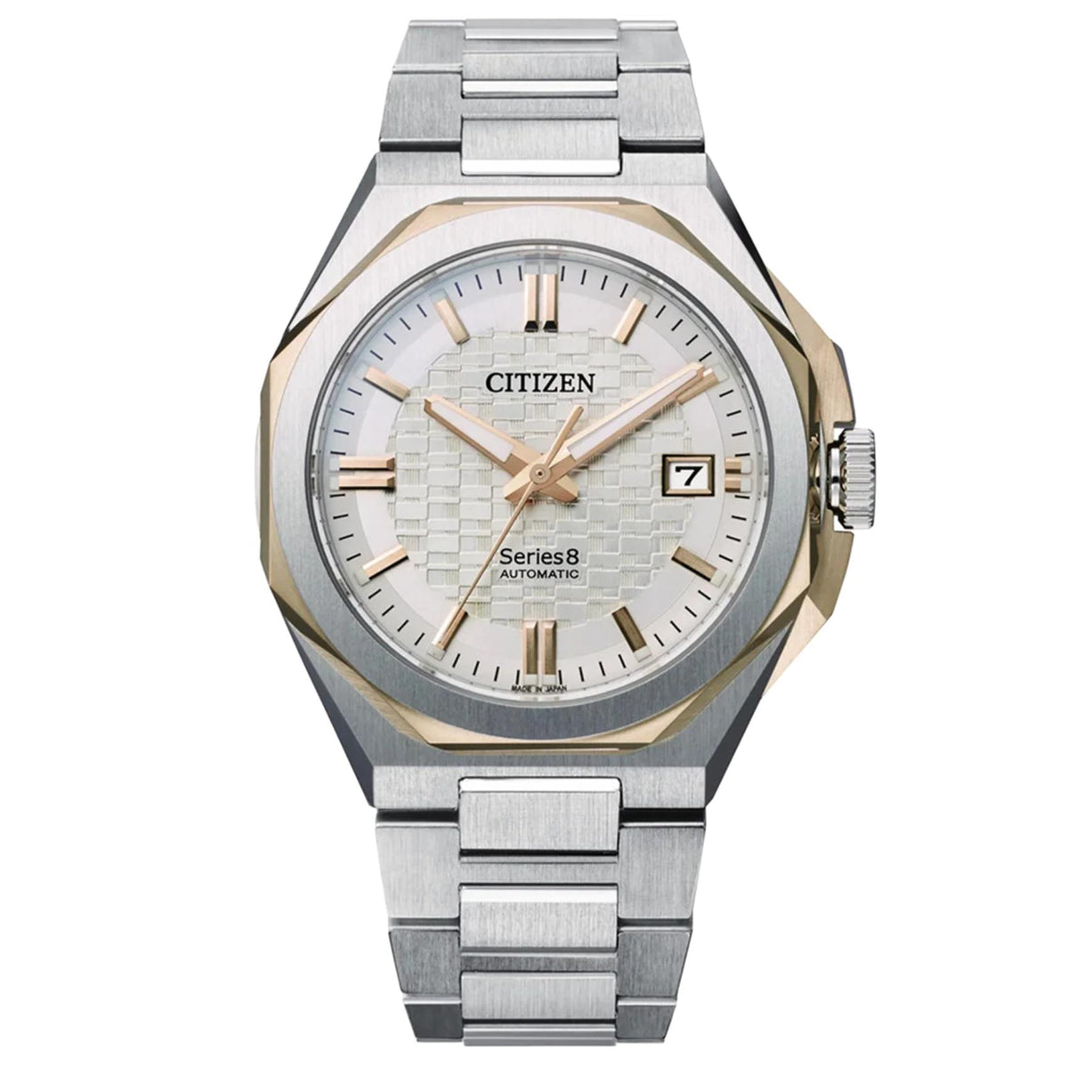 Ανδρικό ρολόι Αυτόματο Citizen Series 8 NB6084-50A με ασημί μπρασελέ και λευκό καντράν, με ένδειξη ημερομηνίας
