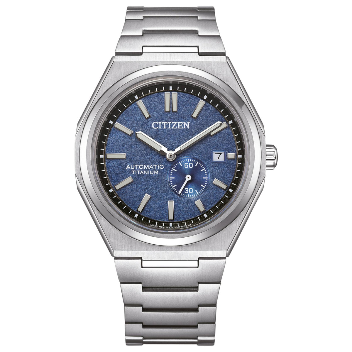 Ανδρικό αυτόματο ρολόι Citizen Super Titanium Zenshin NJ0180-80L με ασημί μπρασελέ και ανάγλυφο μπλε καντράν