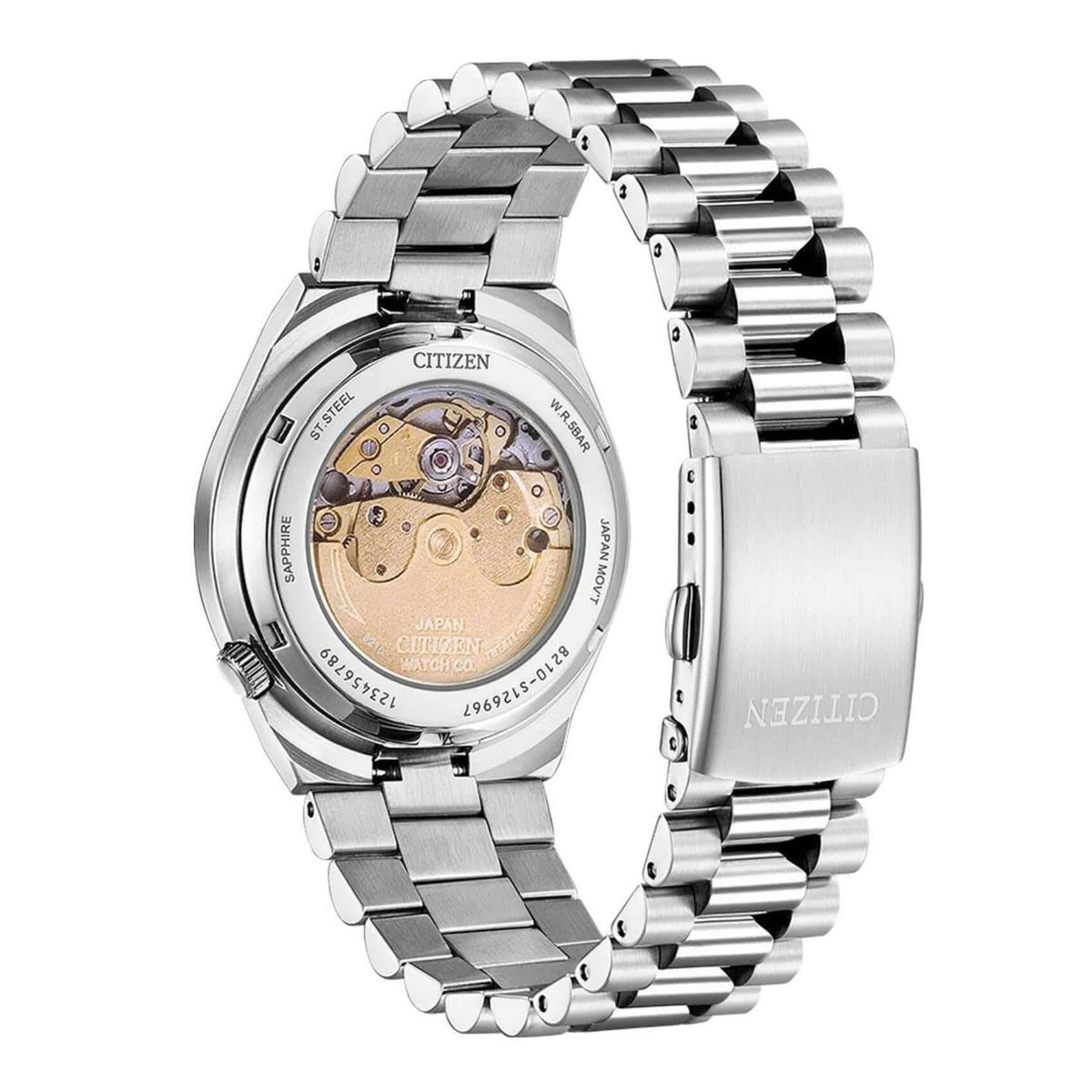 Ανδρικό ρολόι Citizen Tsuyosa NJ0151-88Z με open back κάσα, αυτόματο μηχανισμό Caliber 8210 και ασημί ατσάλινο μπρασελέ.