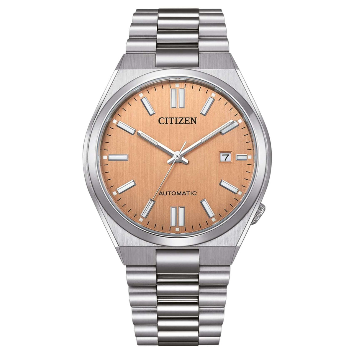 Ανδρικό ρολόι Citizen Tsuyosa NJ0159-86Z με ασημί μπρασελέ και πορτοκαλί καντράν 40mm με ένδειξη ημερομηνίας.